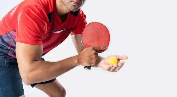 Portret Van Sportman Mannelijke Atleet Spelen Tafeltennis Geïsoleerd Witte Achtergrond — Stockfoto