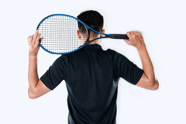Чоловічий Тенісист Тримає Тенісну Ракетку Визначеним Виразом Очима Білому Тлі — стокове фото