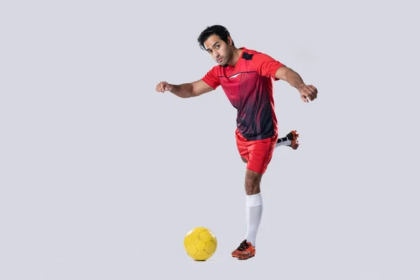 Professional Football Player Red Training Uniform Pose White Background Football — Stock Photo, Image