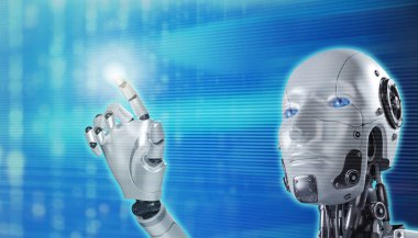 Hand of robot on blurred background touching computer digital screen, Technology control machine learning artificial intelligence technology analyze business data 