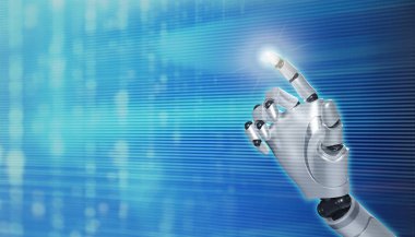 Hand of robot on blurred background touching computer digital screen, Technology control machine learning artificial intelligence technology analyze business data 
