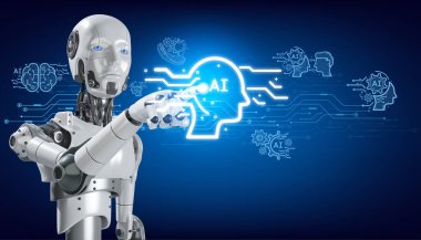 Robot yapay zeka teknolojisi öğrenen teknoloji kontrol makinesi yapay zeka ikonuna dokunuyor. İş verilerini analiz ediyor, gelecekte modern teknolojinin dönüşümünü yönlendiriyor.