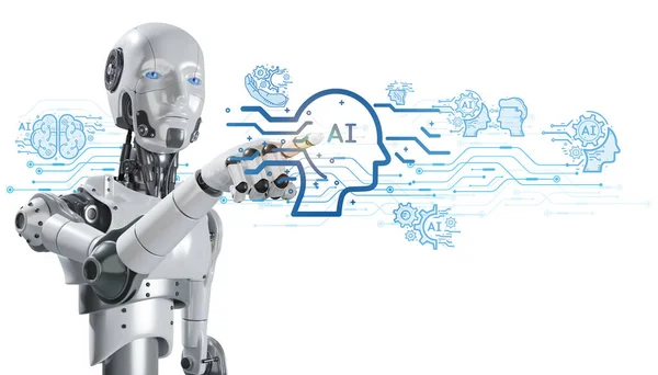 Robot touching AI icon, Technology control machine learning artificial intelligence technology analyze business data, forwarding the transformation of modern technology in the future