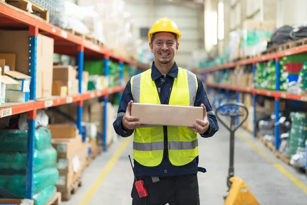 Male Employees Doing Various Gestures Warehouse Bright Smiling Face — Stock Photo, Image