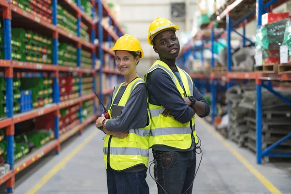 Warehouse Workers Managers Check Stock Inventory Fills Shelves Working Logistics — Stock Photo, Image