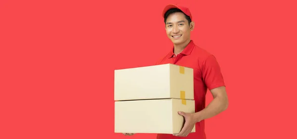 Smiling Delivery Man Dressed Red Cap Blank Shirt Uniform Standing — Stock Photo, Image
