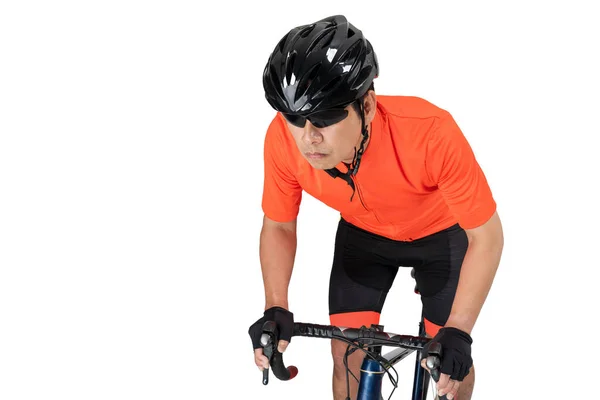 Велосипедист Шоломом Сонцезахисними Окулярами Їде Велосипеді Ізольовано Білому Тлі — стокове фото