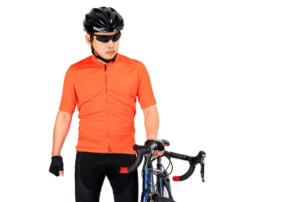 Cyclist Helmet Sunglasses Bicycle Studio Isolated White Background — Stock Photo, Image