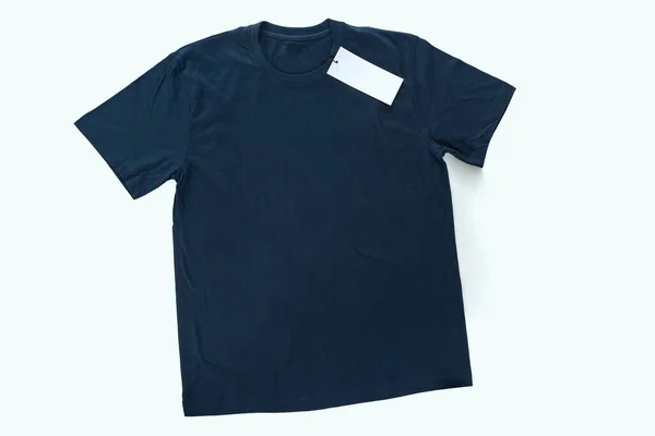 Camiseta Azul Marino Colocada Sobre Mesa Vista Superior Cuerpo Completo — Foto de Stock