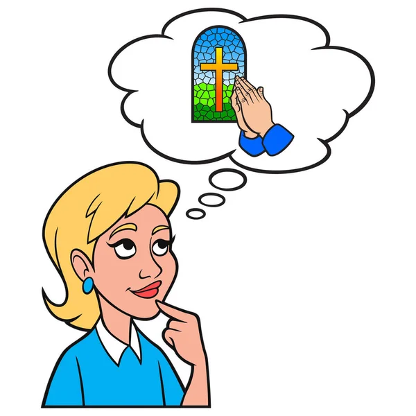Meisje Denkt Kerk Een Cartoon Illustratie Van Een Meisje Denken — Stockvector