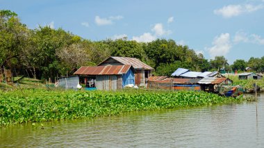 Kamboçya 'da siem hasadının yakınındaki tonle özsuyunda yüzen evler.