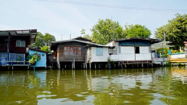 Bangkok 'taki Chao praya nehrindeki ahşap evler.