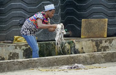 nungwi, zanzibar - Ekim 2024: Genç yetişkin adam yerel balıkçıda taze ahtapot hazırlıyor