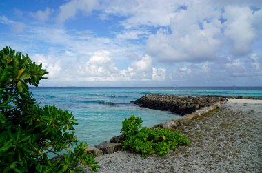 Maldivler 'deki güneşli bir tropikal plaj cennetinde dalgalanan sular.