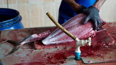 Themaldives 'taki balık pazarında taze ton balığı bifteği hazırlıyorum.