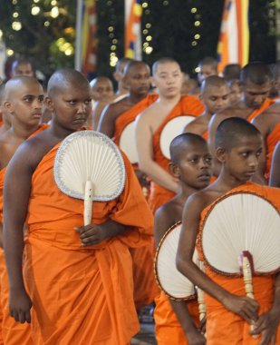 Colombo, Sri Lanka - 11 Şubat 2025: Gangaramaya Navam Perahera festivalinde Budist rahipler