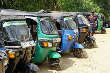 Ella, Sri Lanka - 11 Şubat 2025: Yolcu bekleyen renkli tuk tuk