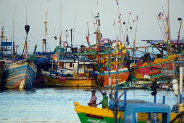 Mirissa, Sri Lanka - 2 Şubat 2025: Limandaki renkli balıkçı tekneleri