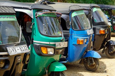Ella, Sri Lanka - 11 Şubat 2025: Yolcu bekleyen renkli tuk tuk