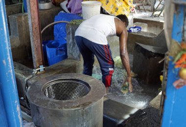 Mumbai, Hindistan - 20 Şubat 2025: Dhobi Ghat gecekondu mahallesinde çamaşır işçileri
