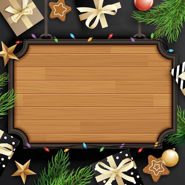Veselé Vánoce Dárkové Krabice Dřevěné Pozadí Prostorem Pro Text Šťastný — Stockový vektor