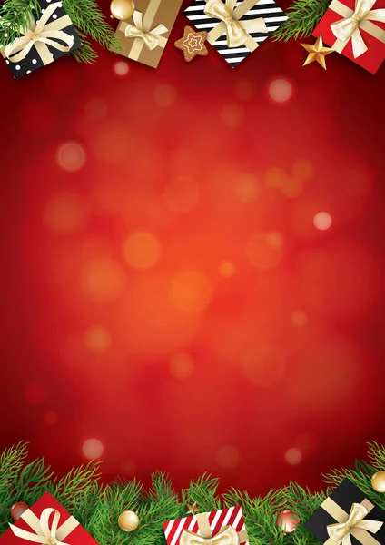 Kerst Glazen Bal Giftbox Rode Achtergrond Met Ruimte Voor Tekst — Stockvector
