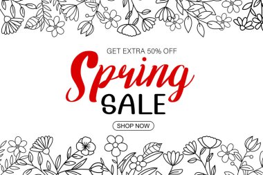 Beyaz arka planda yaprak ve çiçekçi eli olan bahar indirimi afişi. Poster satışları% 50 'ye çıktı..