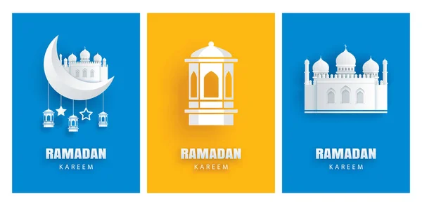 Ramadan Kareem Kartka Powitalna Księżyc Gwiazdy Tradycyjne Tło Latarnie Eid — Wektor stockowy