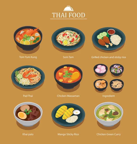 Ensemble Menu Thaï Asie Street Food Illustration Fond — Image vectorielle