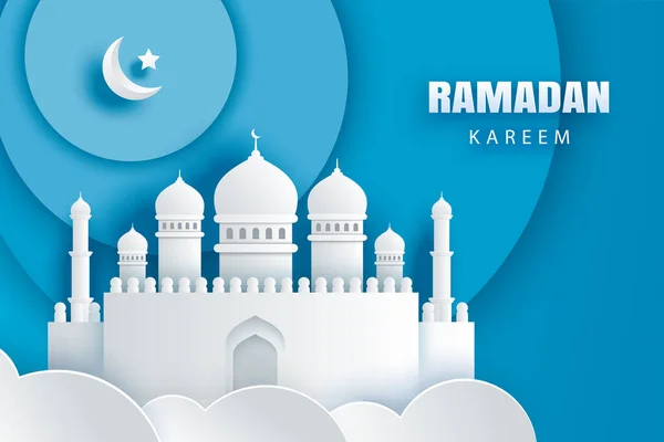 Ramadan Kareem Tło Kartki Okolicznościowej Eid Mubarak Papier Sztuka Baner — Wektor stockowy