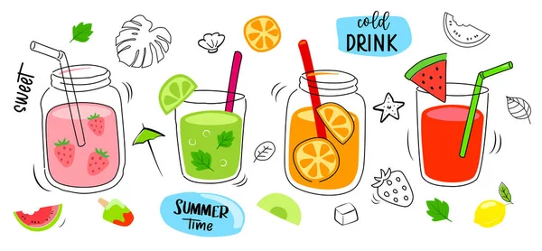Bebidas Tropicales Menú Conjunto Verano Bebidas Frías Con Ilustración Dibujada — Vector de stock