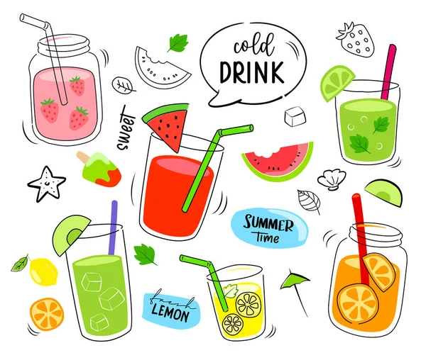 Tropical Drinks Summer Set Menu Cold Drinks Hand Drawn Illustration — Stock Vector