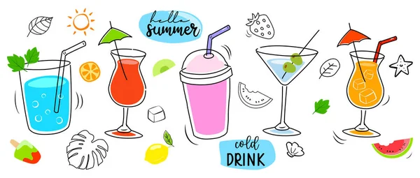 トロピカルドリンク夏セットメニュー 手描きイラストで冷たい飲み物 フルーツスムージー カクテル アルコール飲料 — ストックベクタ