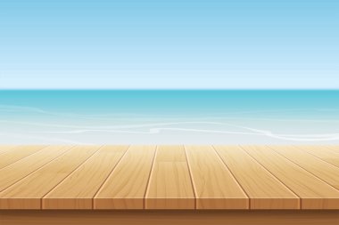 yaz arkaplan mavi gökyüzü deniz ve ahşap ürün montajları için.