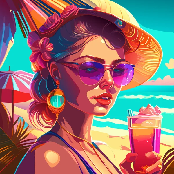 Verano Tropical Con Mujer Sosteniendo Bebida Estilo Vintage Ilustración Verano — Vector de stock