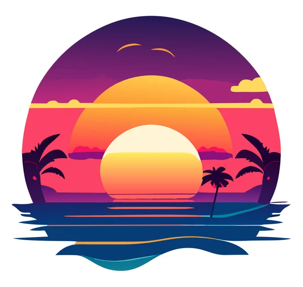 夏季热带棕榈树和海滩古董卡背景 T恤夏季插图 — 图库矢量图片