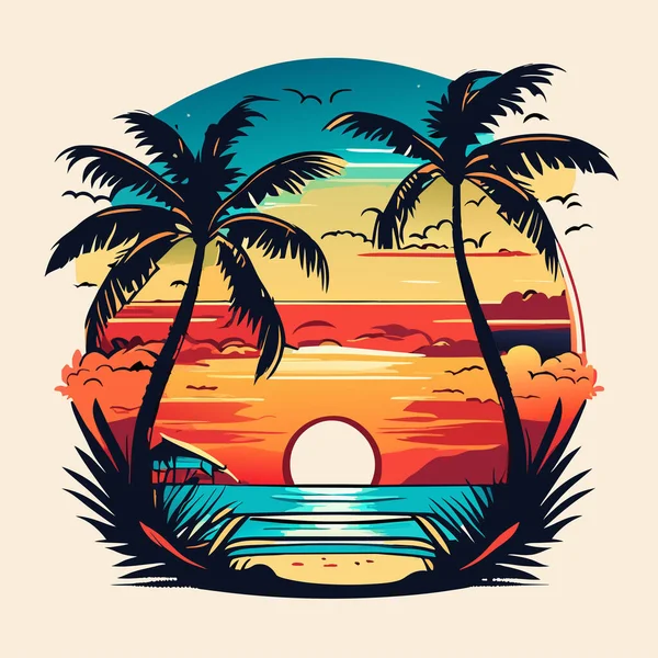 Summer Tropical Palm Tree Beach Vintage Card Background Ilustração Verão —  Vetores de Stock