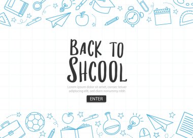 Okulun karalama tarzına geri dönelim. Eğitim el çizimi nesneler ve semboller afişi.