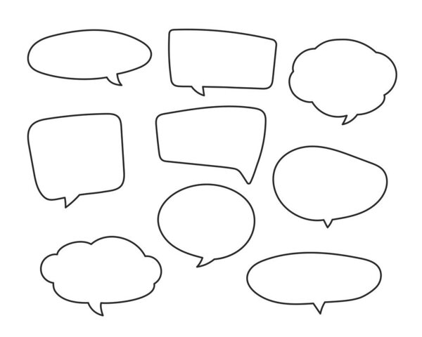 Speech symbol talk and thinking hand drawn style. Bubble with clouds thin line set