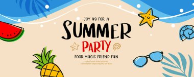 Plaj arka planında karalama unsurları olan bir afiş..