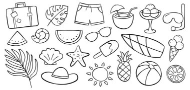 Beyaz arka planda yaz ikonu karalama seti. Yazın çizilen el sembolleri ve nesneler.