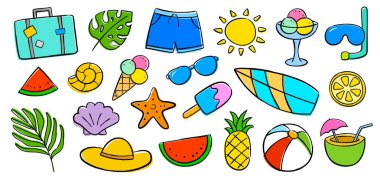 Beyaz arka planda yaz ikonu karalama seti. Yazın çizilen el sembolleri ve nesneler.