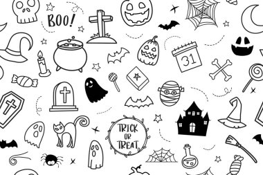 Cadılar Bayramı el yazısı kusursuz bir arka plan çizmiş. Tekstil kumaş şirin tasarımı için cadılar bayramı karalama stili kapağı.