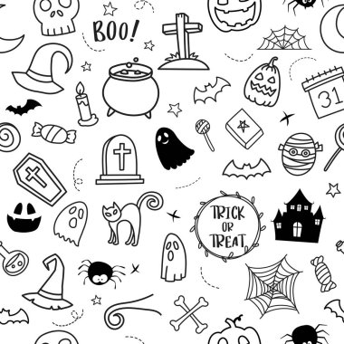 Cadılar Bayramı el yazısı kusursuz bir arka plan çizmiş. Tekstil kumaş şirin tasarımı için cadılar bayramı karalama stili kapağı.