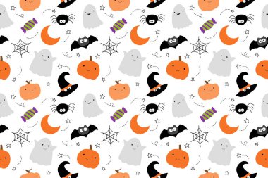 Cadılar Bayramı 'nda sevimli çocuklar kusursuz bir geçmişe sahipti. Tekstil kumaş şirin tasarım için Cadılar Bayramı kapağı el çizimi tarzı.