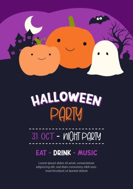 Çocuklar için Cadılar Bayramı partisi afişi, el çizimi tarzı, şirin bir arka plan tasarımı..