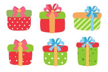 Kurdeleli ve fiyonklu hediye kutuları. Noel renkli hediye kutuları çizimi.