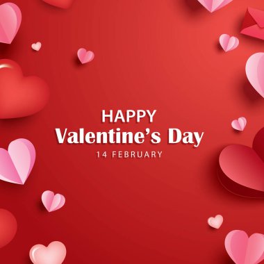 Sevgililer Günü tebrik kartı pankartı şablonu. Kırmızı arkaplanda kalp ve metin var..