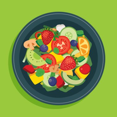 Yeşil arka planda meyve salatası ve sebze kasesi..