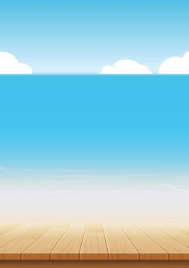 yaz arkaplan mavi gökyüzü deniz ve ahşap ürün montajları için.